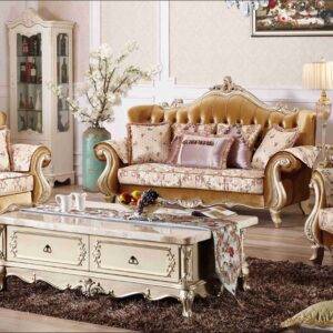 Classic sofa, loveseat, and chair with elaborate wood carvings. Exclusively at Galerie Oasis.