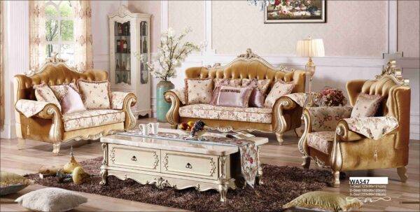 Classic sofa, loveseat, and chair with elaborate wood carvings. Exclusively at Galerie Oasis.