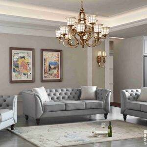 High end tufted living room set finished in a fine velour fabric