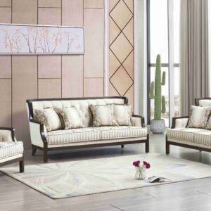 Classic sleek living room set consisting of sofa, loveseat, and chair, with beautifully contrasting wooden accents and a high quality finish