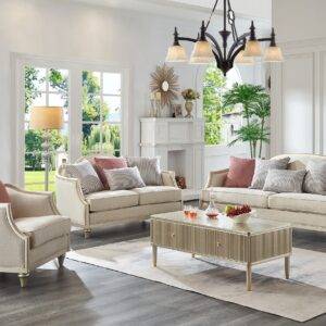 Classic sleek living room set consisting of a sofa, loveseat, and chair, in a fine finish with champagne wood accents.