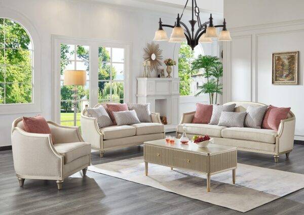 Classic sleek living room set consisting of a sofa, loveseat, and chair, in a fine finish with champagne wood accents.